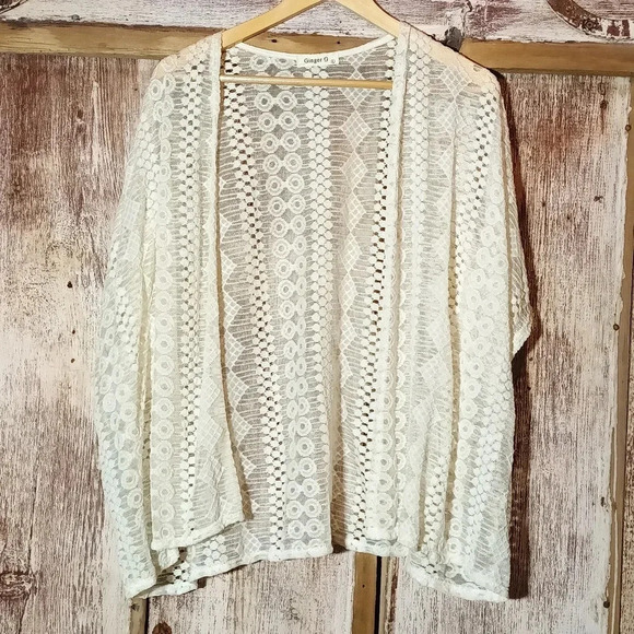 Ginger G crochet embroidered lace sheer cream feminine fairy romantic kimono L - Picture 2 of 11